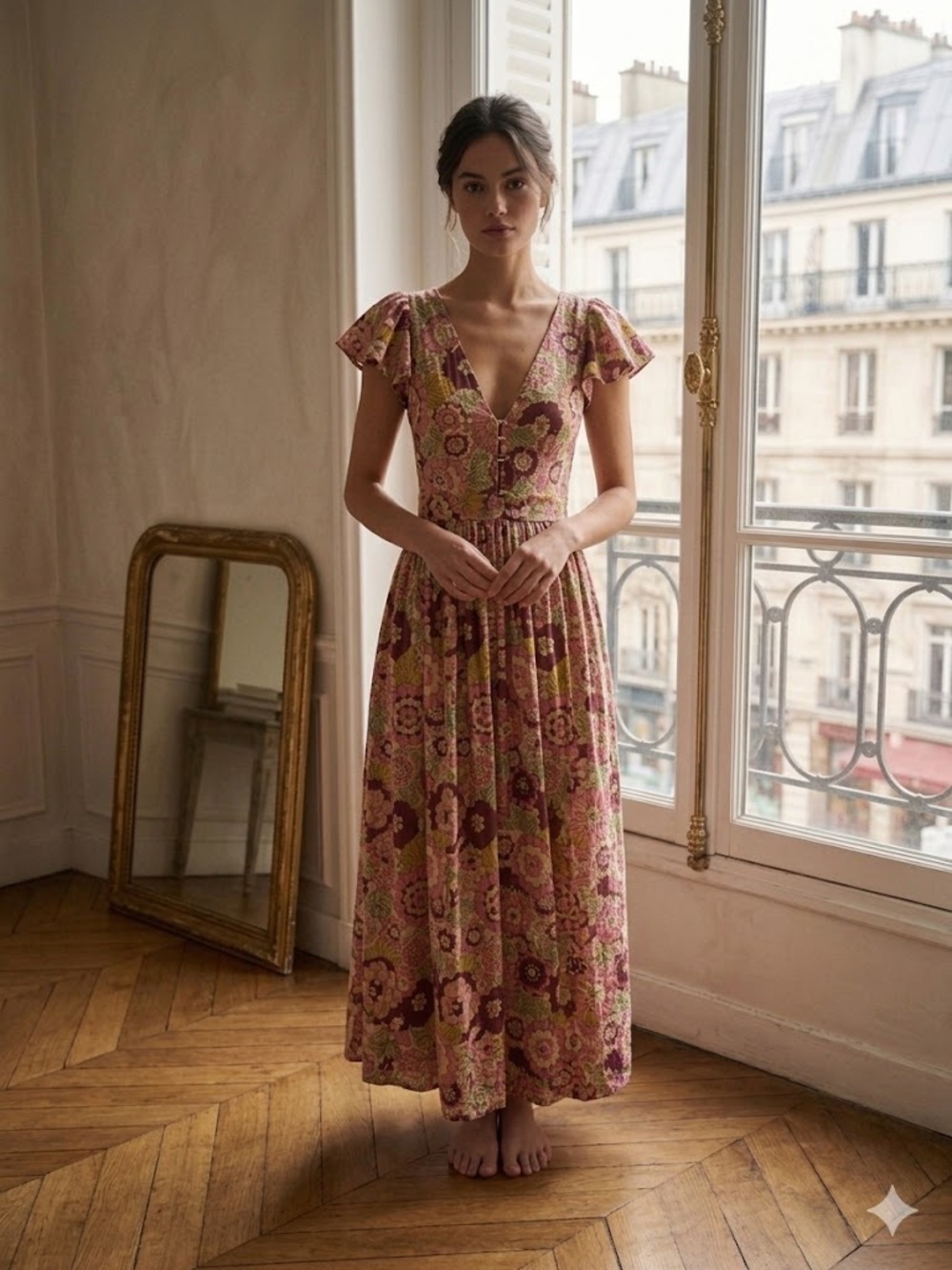 DODO BAR OR "Jenny" Floral Flutter-Sleeve Maxi Dress | Pink & Green | Size XS